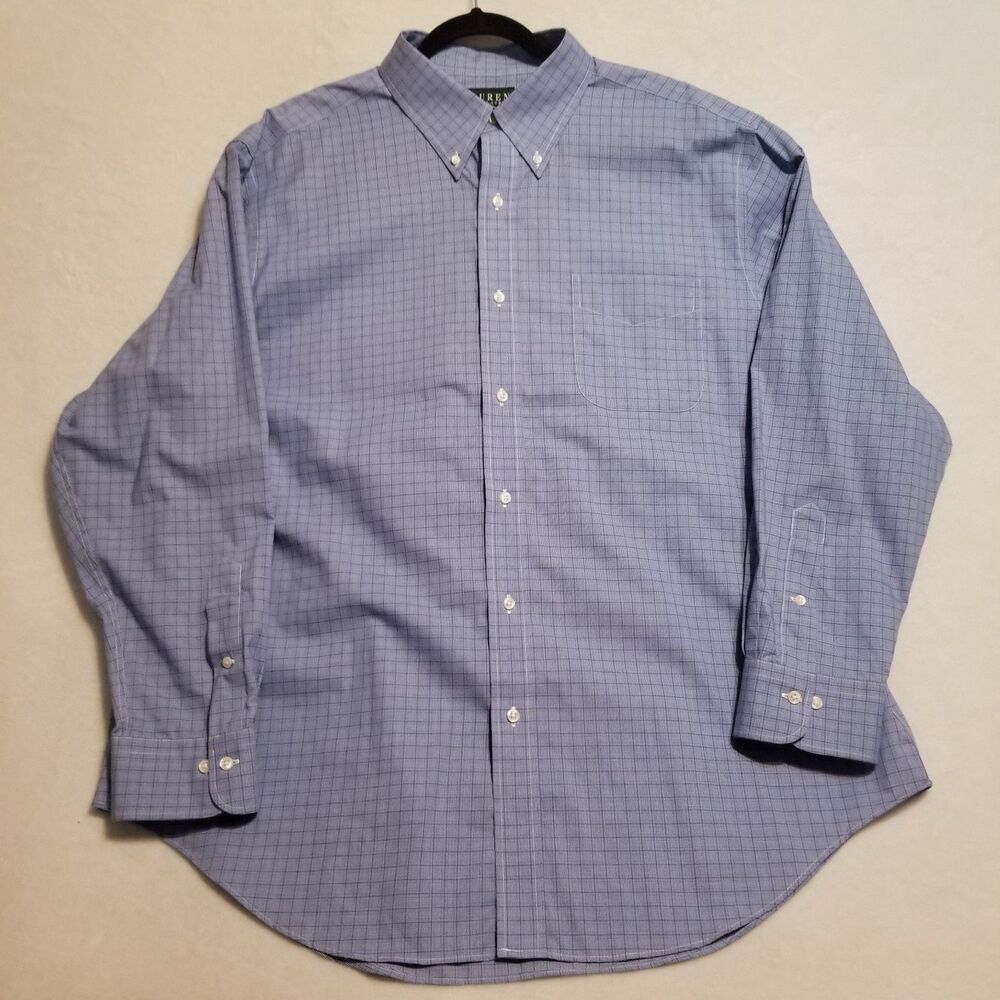Lauren Ralph Lauren Mens 18-34/35 Shirt Cotton Blue Plaid Preppy Office Classic